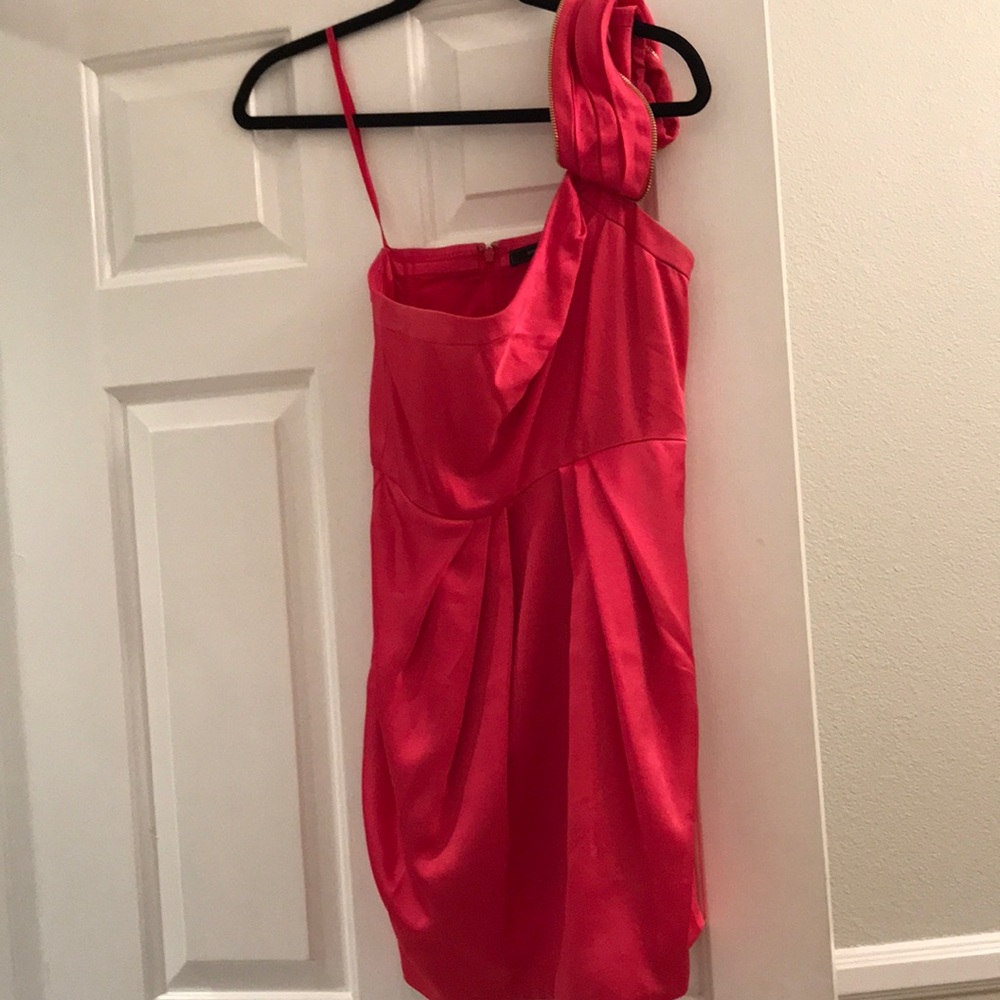 Hot pink BCBG one shoulder ruffle dress.